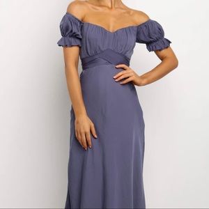 Slate blue puff sleeve tie back midi dress